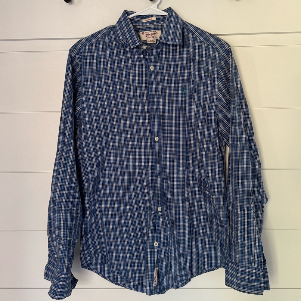Penguin Blue Plaid Casual Button Down Shirt, Men’s S